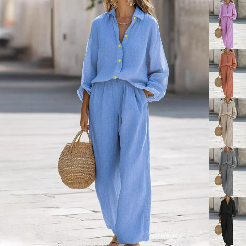 Women Solid Shirt Pant Sets Two Piece Lapel Turn Down Collar Shirts Full Sleeve Casual Pocket Wide Leg Pants Basis Autumn Winter