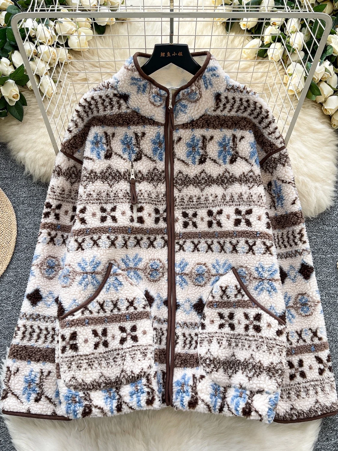 الكورية Sle المرأة معطف فرو الضأن فضفاض طويل Sve الوقوف طوق قمة دافئة Faionable الشتاء ملابس خارجية جزيرة Feifei #2