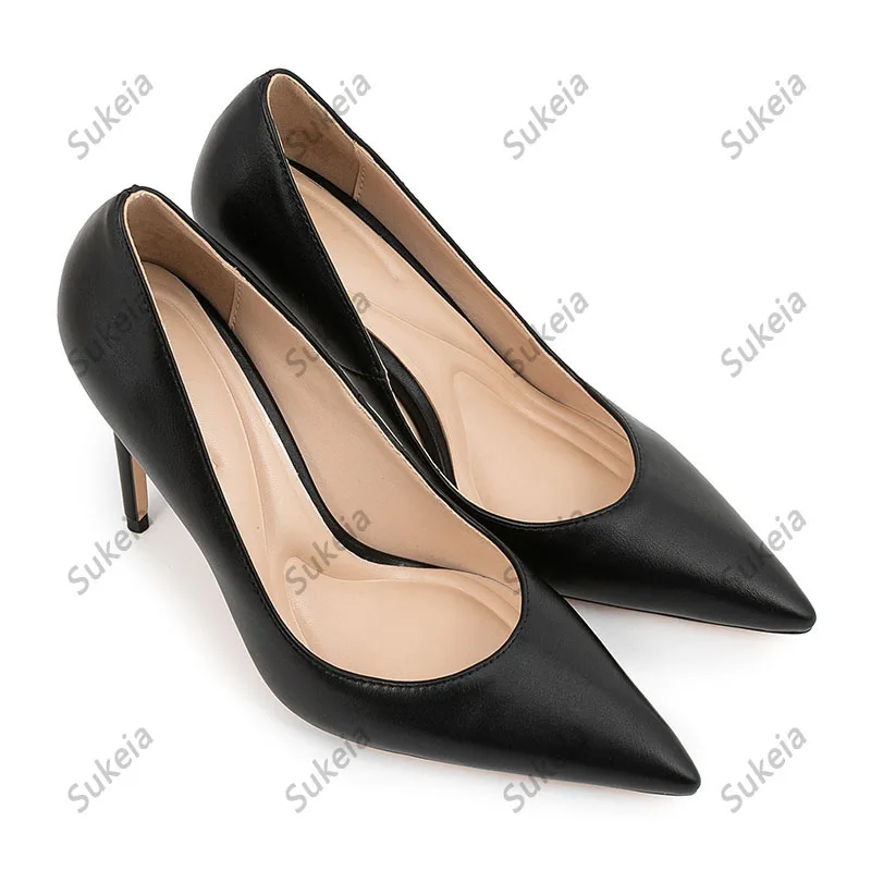 Sukeia New Women Spring Pumps Pointed Toe Sexy Stiletto Heel Beautiful Brown Black White Lady Shoes Plus US Size 5-15