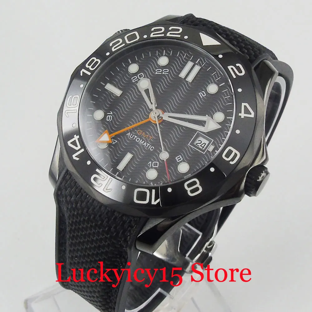 BLIGER PVD Case 41mm NH34 MINGZHU 3804 Self Winding Men Watch Sapphire Glass GMT Function Date Window Ceramic Bezel Rubber Strap