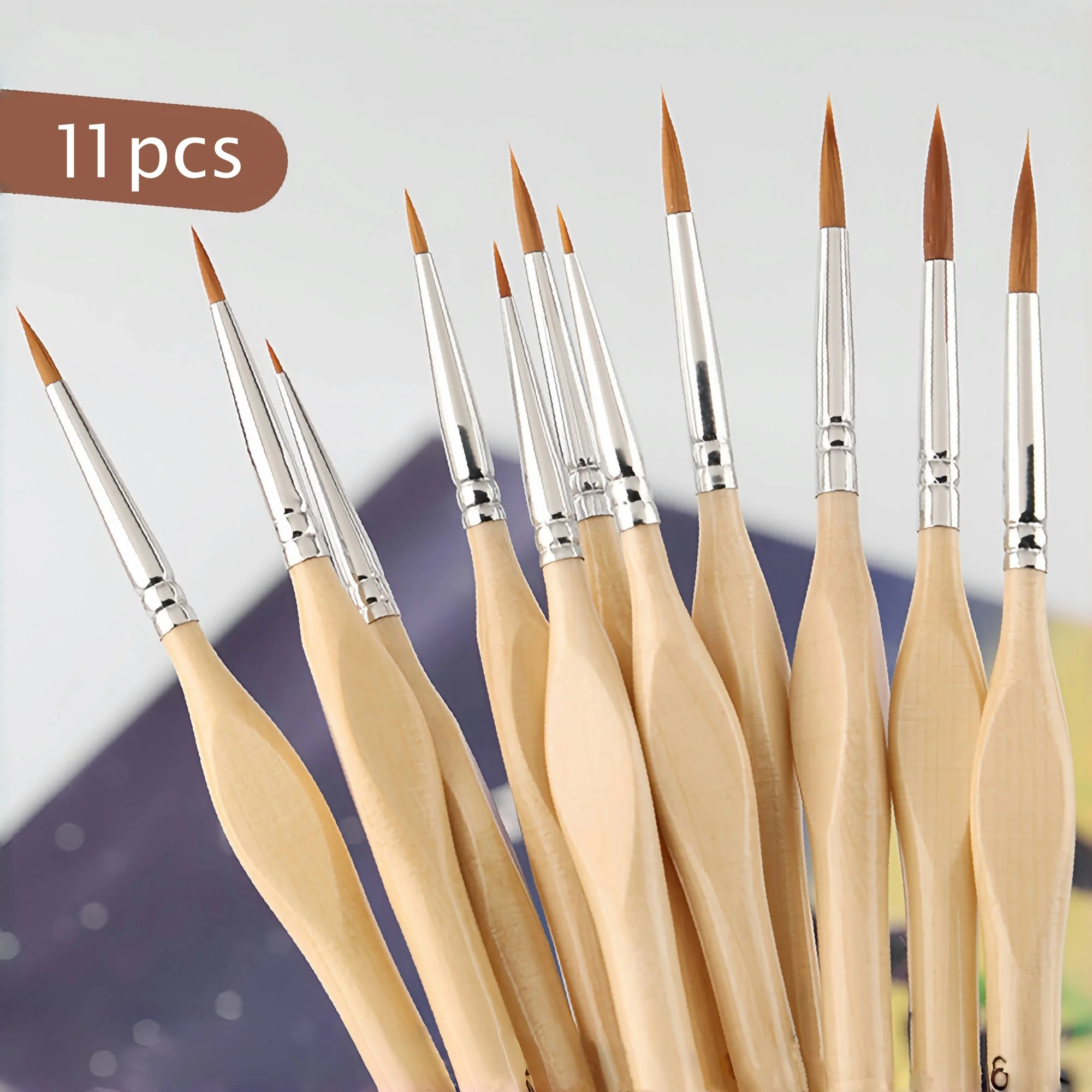 11Pcs Detail Artist Paint Brushes Wooden Handle, Fine Tip Pain Brush Set, Miniature Model Painting Brush for Acrylic, Watercolor