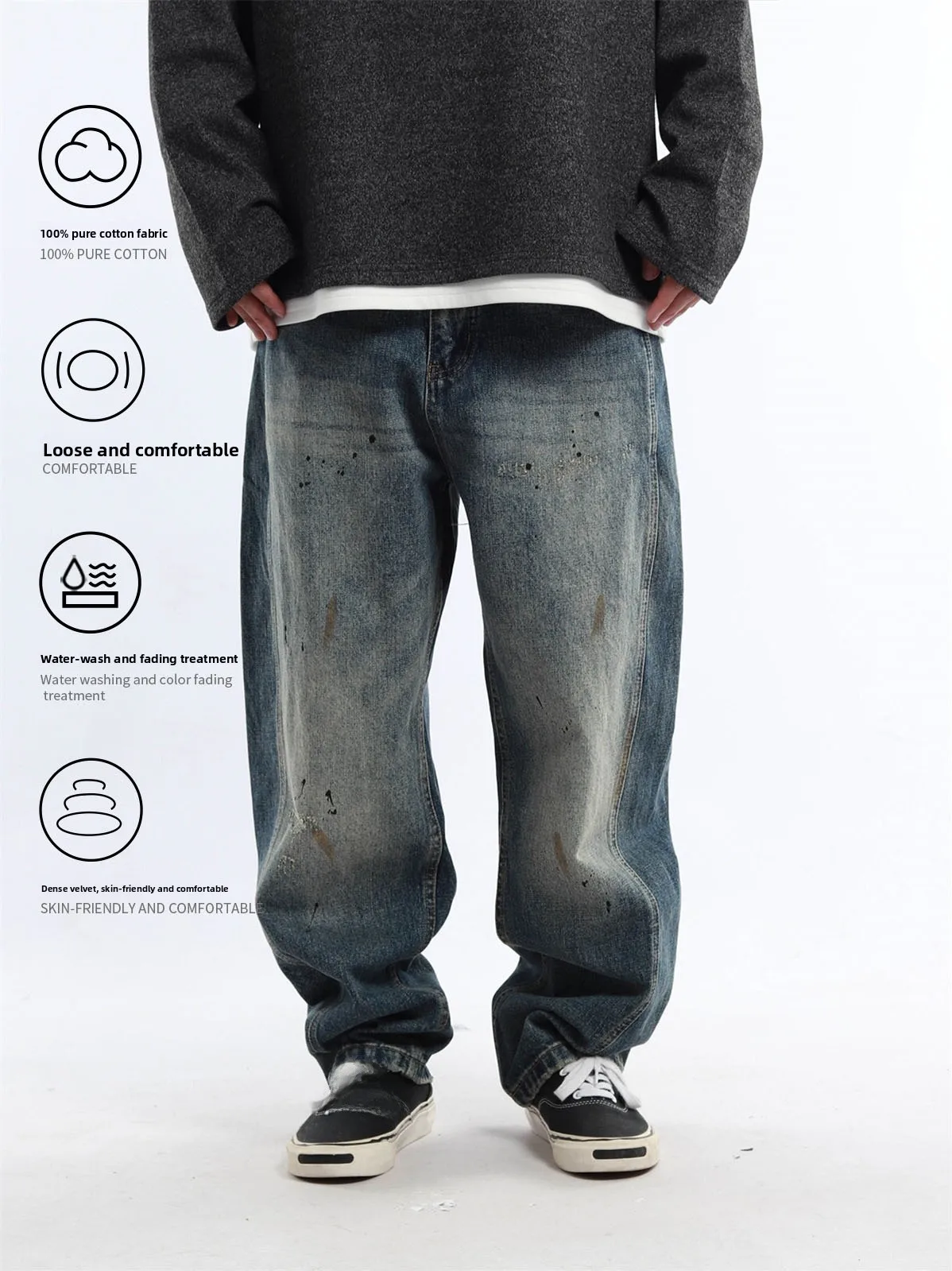 Retro Washed Casual Loose Jeans Men Women Long Pants Unisex Comfortable Breathable Cotton Straight Leg Loose Fit Trousers