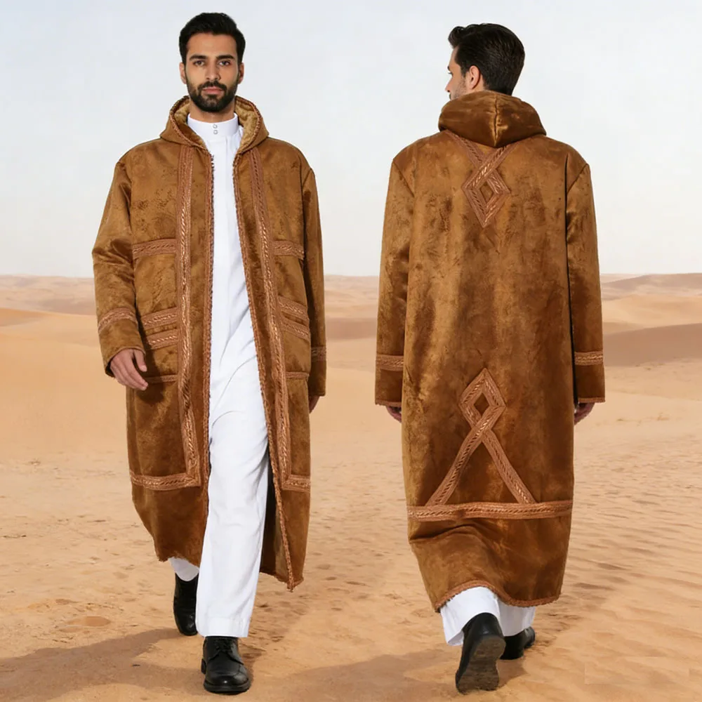 

Мужская мусульманская молитвенная роба из замшевого бархата, утепленное пальто с капюшоном, кардиган, джеллаба, исламская джубба, тобе, абайя, зимняя новинка