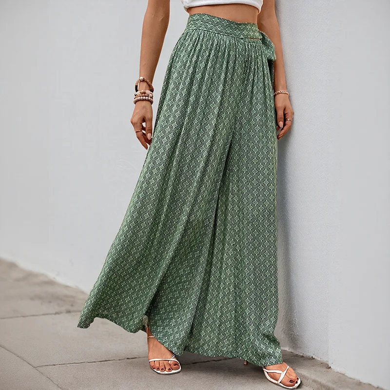 Summer Autumn 2025 Wide Leg Pants Loose Casual Vacation Beach Tie High Waist Long Trousers Comfortable Loose Printed Trousers