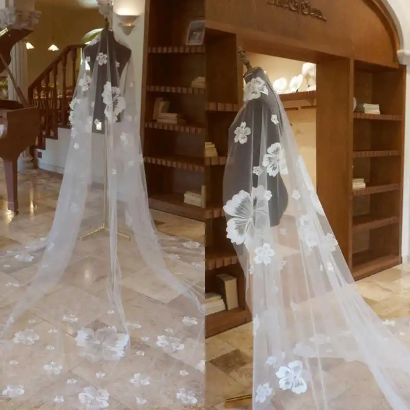 Gorgeous Retro Bridal Veil Delicate Sheer Tulle Pearl Tassel Fringe Lace Floral Patterns Multi Layer Craftwork Bridal Wedding