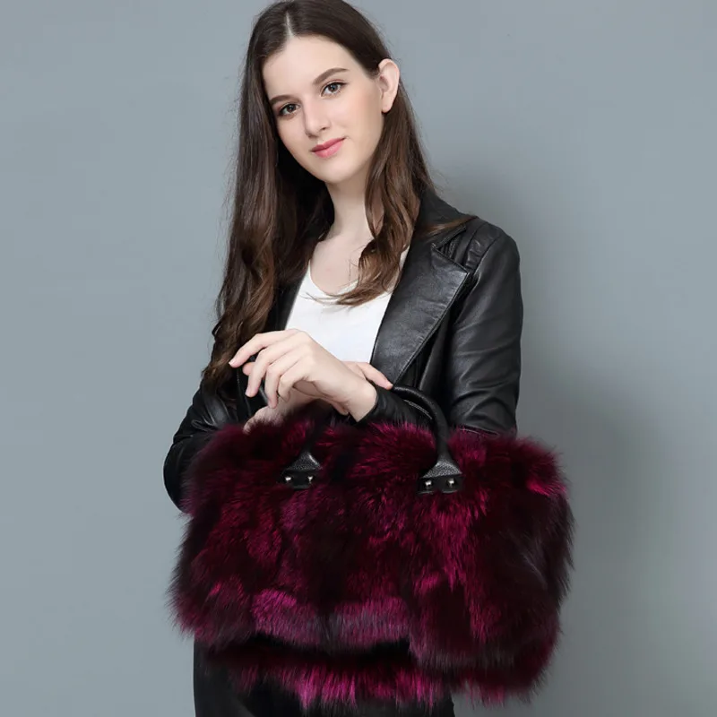 Winter Fox Fur Bag Women Handbag Leather Bag Fashion Shoulder Bags Real Silver Fox Fur Messenger Bags Female Evening Party Bag