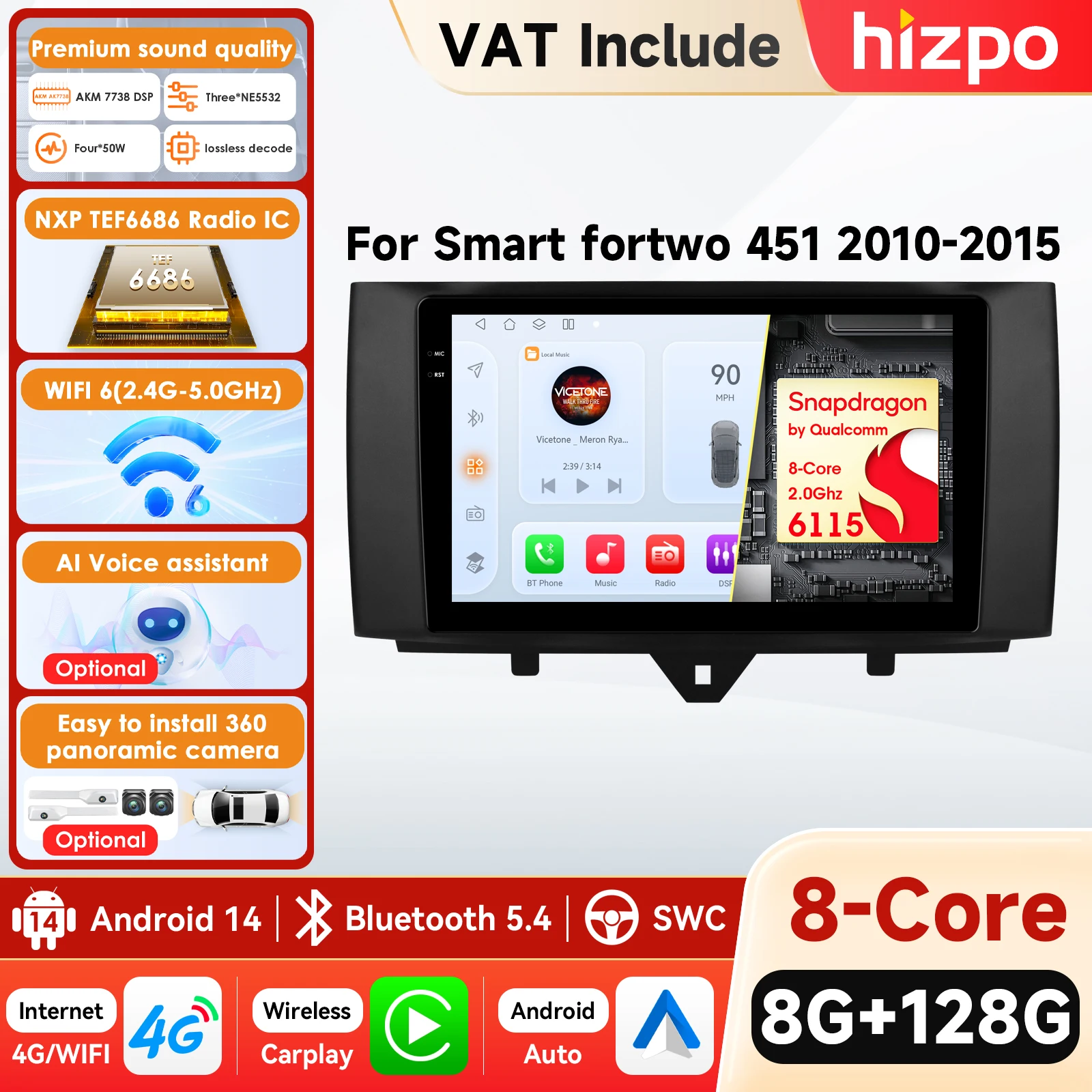 Autoradio Hizpo para Smart Fortwo 2011-2015 reproductor Multimedia de Audio CarPlay Android Auto GPS Bluetooth WIFI FM RDS Autoradio AI