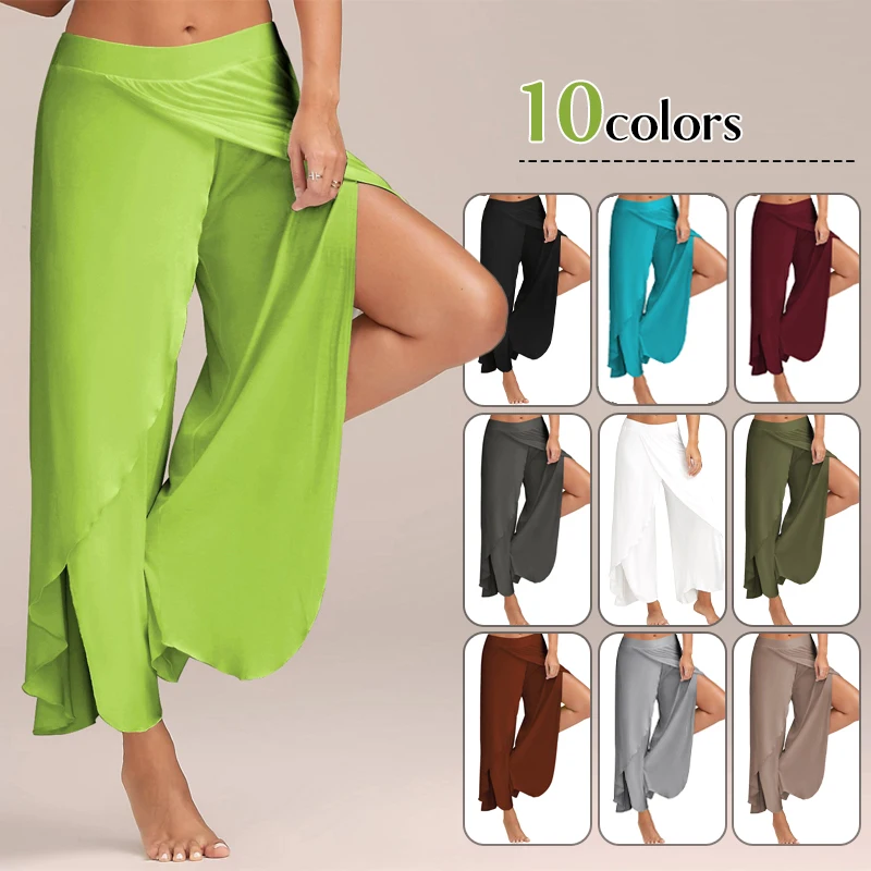 Summer Women Slit Flared Palazzo Trousers Wide Leg Pants Chiffon Side Split Casual Loose Pants Elegant Lady Harem Yoga Pants 5XL