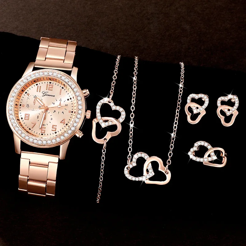 6PCS Set Rose Gold Luxury Watch Women Ring Necklace Earring Rhinestone Fashion Wristwatch Casual Ladies Bracelet Watches