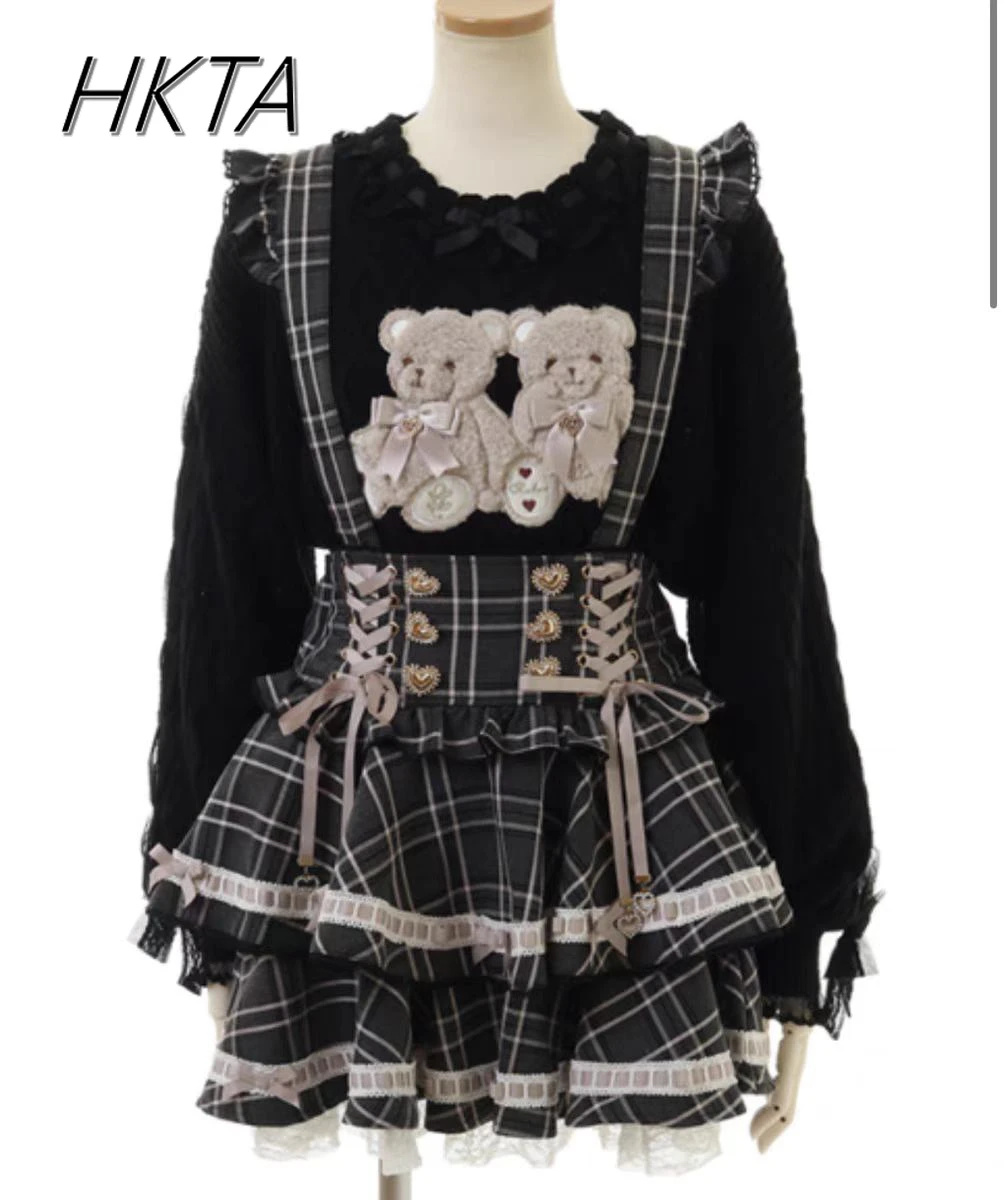 Faldas con tirantes de Lolita de minas japonesas originales para mujer, Falda plisada fina con volantes de cintura alta, falda a cuadros de estilo universitario Liz Girl