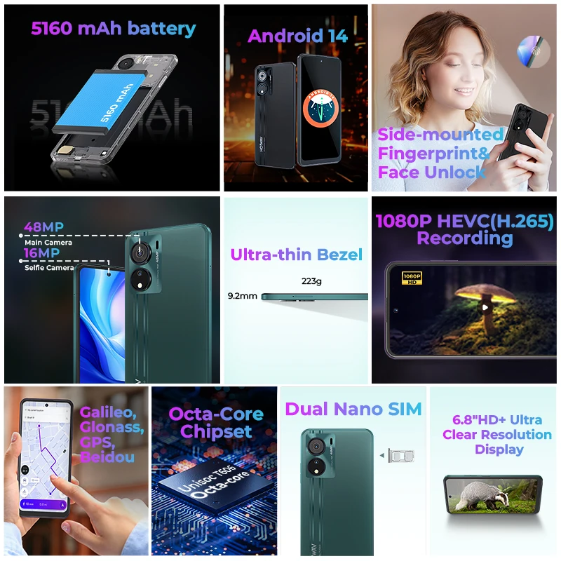 هواتف ذكية HOTWAV Note 12 EF رفيعة للغاية بشاشة 6.8 بوصة عرض كبيرة أندرويد 14 5160 مللي أمبير في الساعة هاتف محمول 4 جيجابايت + 128 جيجابايت ثماني النواة 48 ميجابكسل