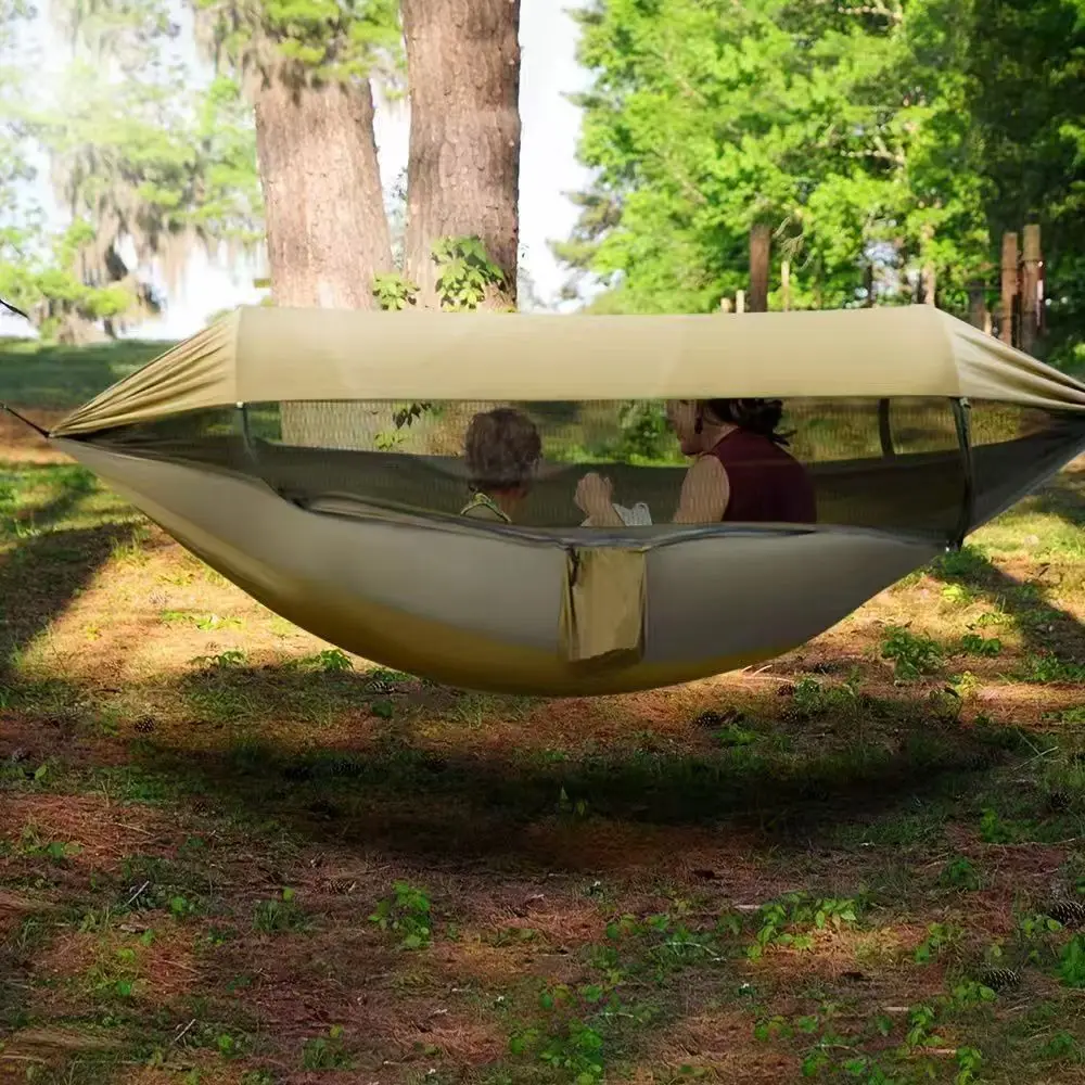 

Double Layer Anti Roll Hammock with Mosquito Net Sun Canopy Portable Nylon Hammock for Backyard Beach Travel Camping