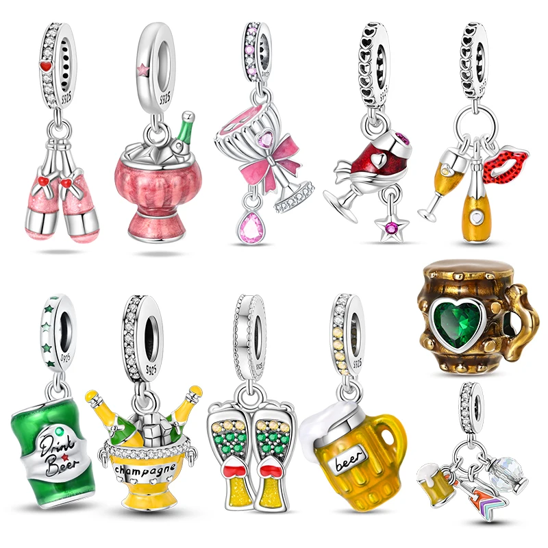 

S925 Sterling Silver Beer Festival Series Wine Glasses Charms Fit Original Bracelet for Women Birthday Fine Jewelry Gift