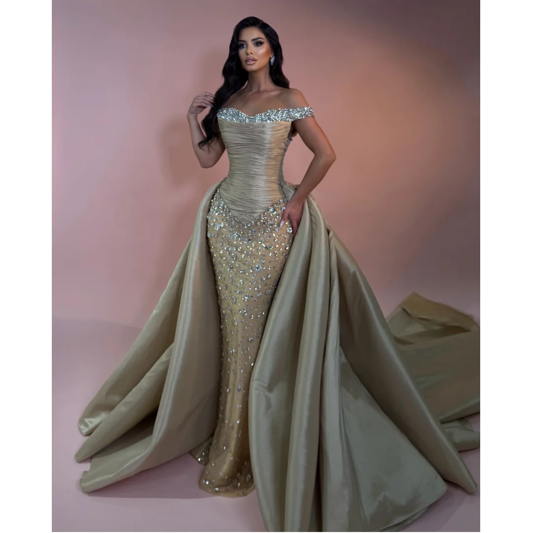 Exquisite Mermaid Evening Dresses Pleated Off the Shoulder Party Dress Detachable Train Crystals Prom Gown Vestidos Customized