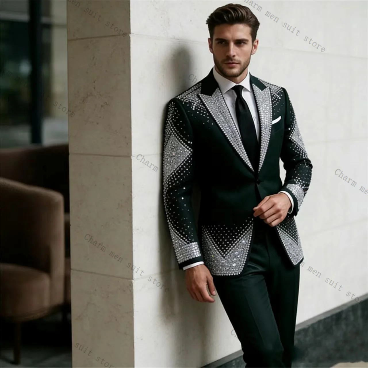 

Groom Men Suits Set 2 Pcs Crystals Blazer+Cotton Pants Trousers Luxury Wedding Tuxedo Formal Office Business Groom Jacket Coat