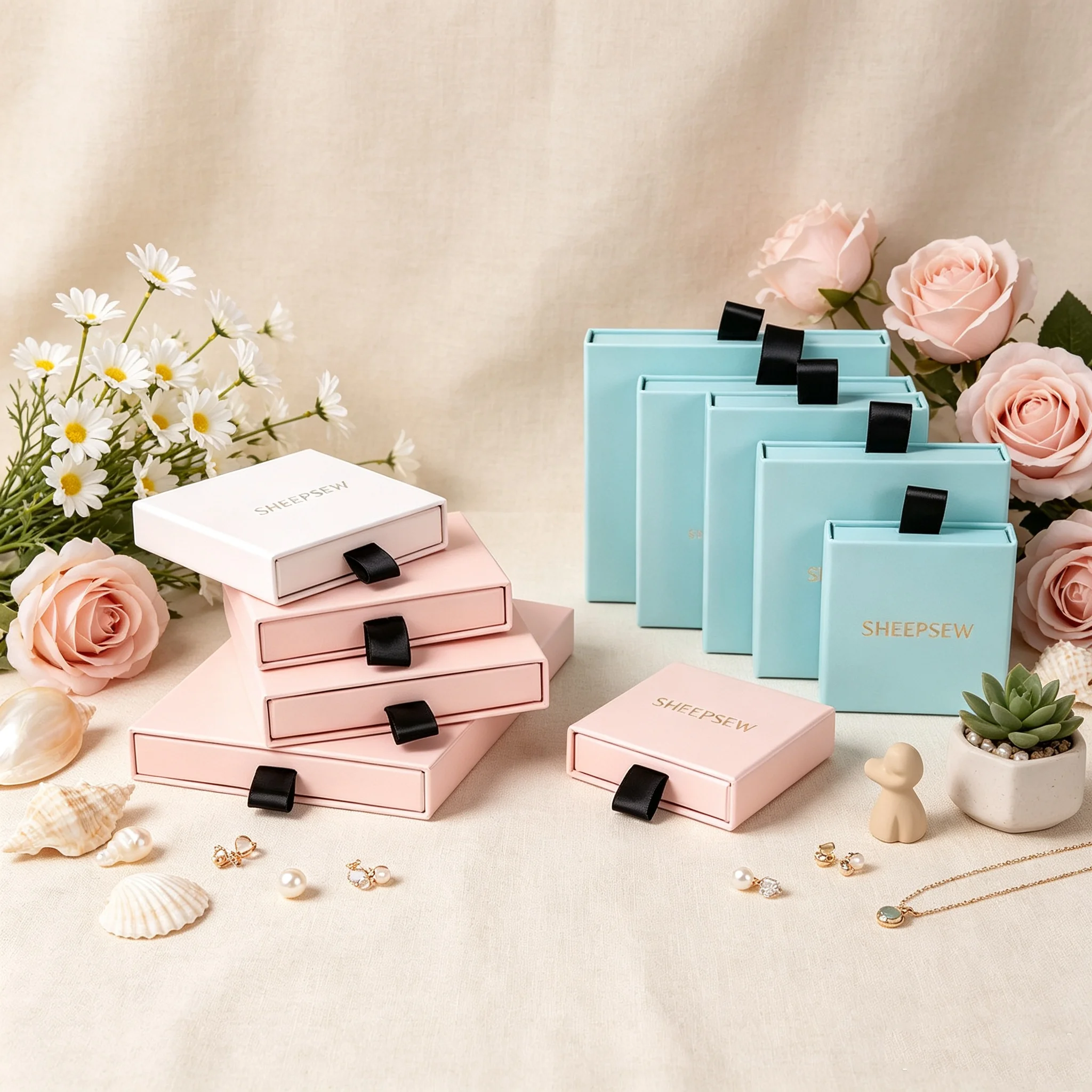 50pcs Sheepsew Thin Jewellery Gift Boxes Packaging Purple White Paper Sliding Jewelry Slide Drawer Gift Box With Ribbon Foam Ins