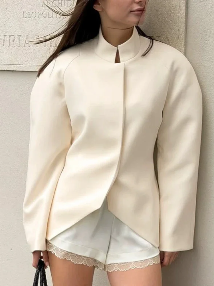 Women Fitted Jacket Solid Stand Collar Raglan Long Sleeve Hidden Zip Irregular Hem Casual Coat  Autumn Fashion Loose Jackets