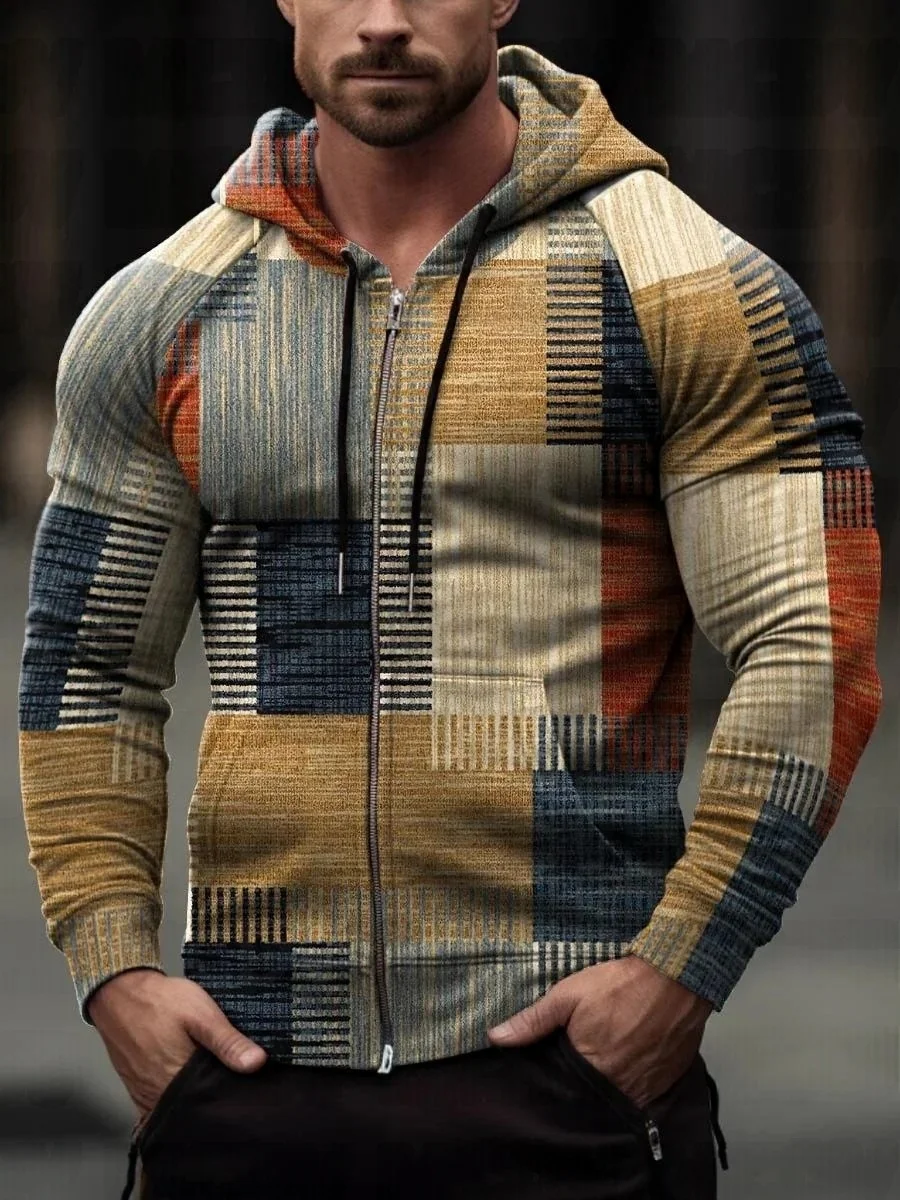 Men's Blue And White Modern Abstract Geometric Print Leaf Zip-Up Hoodie Sweatshirt Roupas Masculinas
