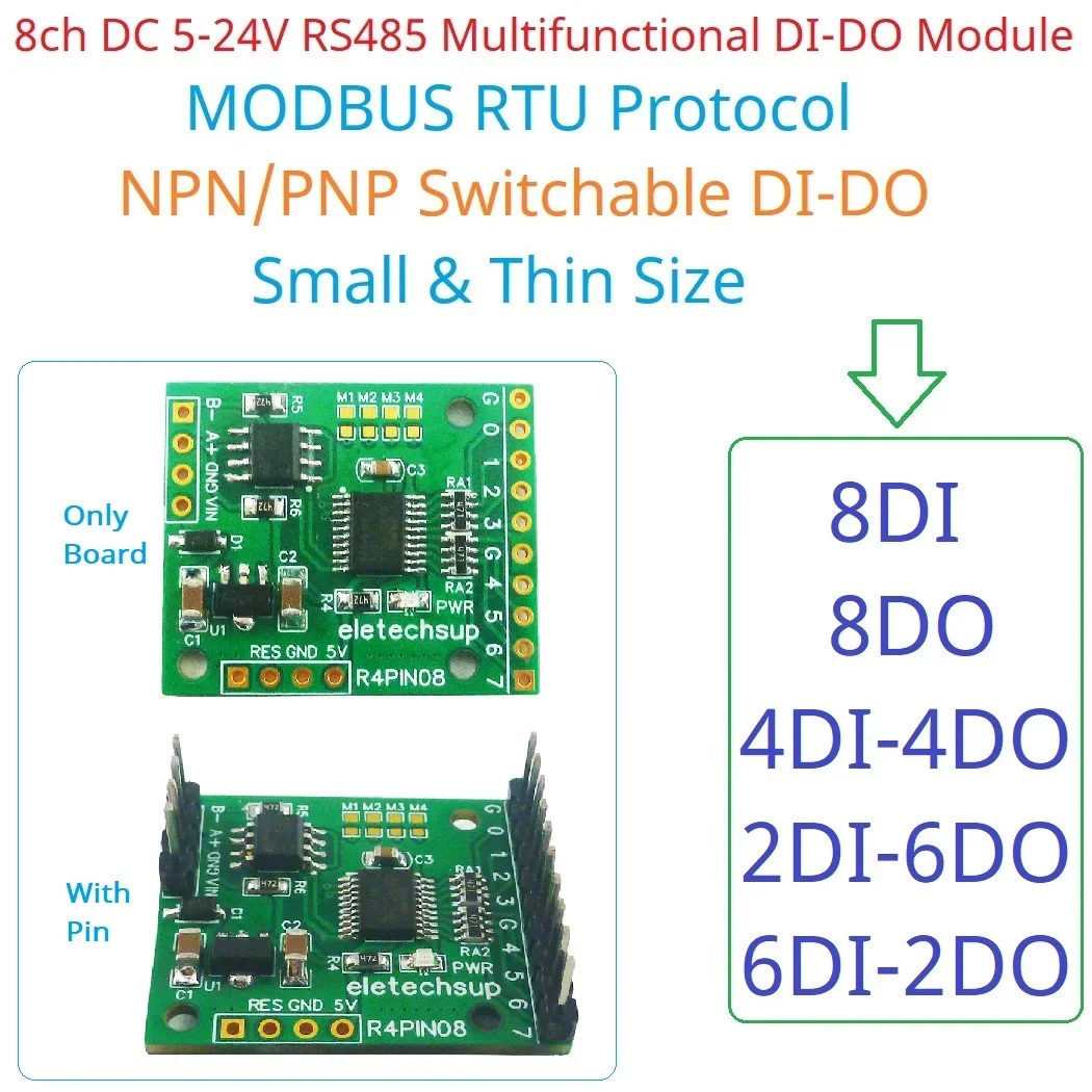 DC 5V 12V 24V 8CH RS485 2.54mm Pin Core Board Modbus Rtu Input and Output Control PLC HMI Remote IO Expanding Board R4PIN08
