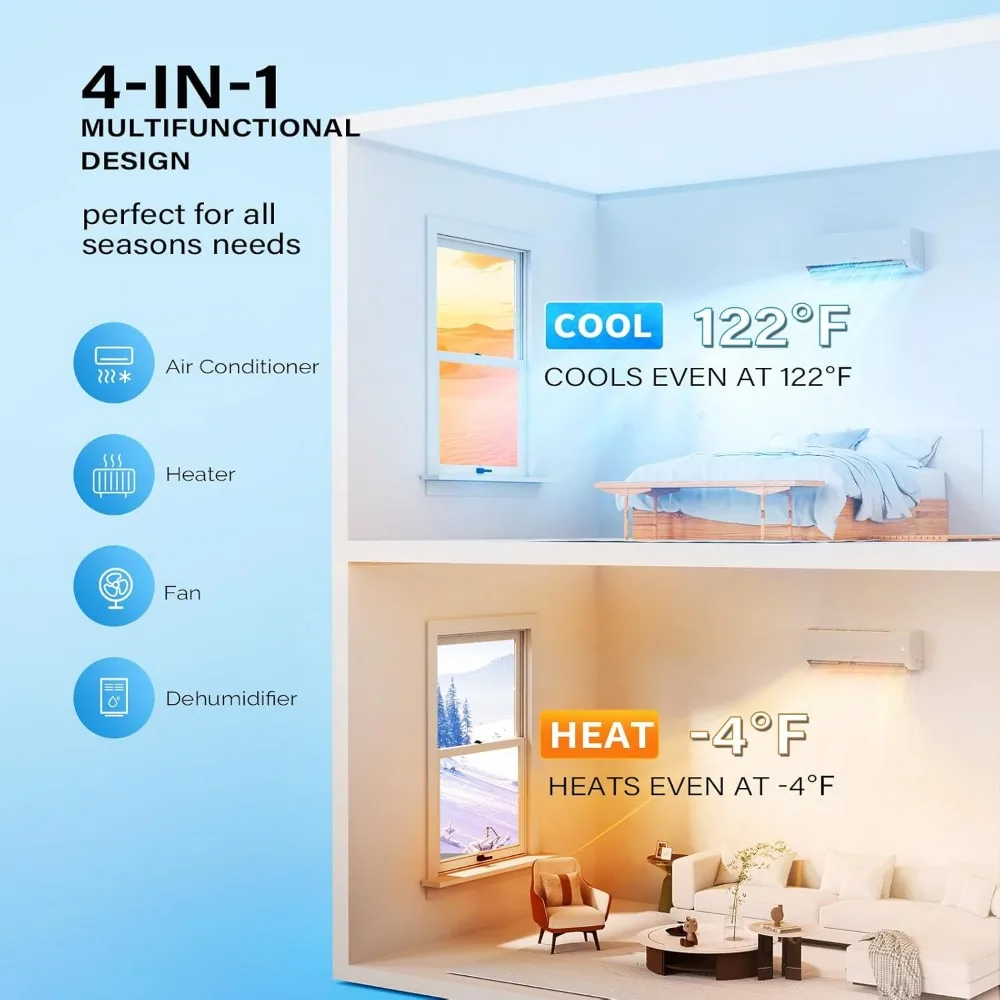 Efficient Ductless Mini Split Inverter Plus System with Heat Pump and Dehumidification,Auto Defrost, Sleep Mode