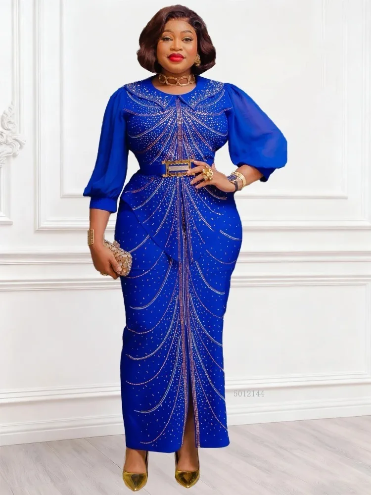 

2026 Plus Size African Party Dresses for Women Dashiki Diamond Bodycon Slit Long Dress Elegant Muslim Wedding Evening Gowns