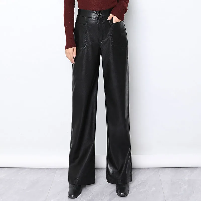 

Повседневные брюки с высокой талией из искусственной кожи на подкладке, прямые, женские, модные, универсальные, драпирующиеся, стройнящие, широкие брюки