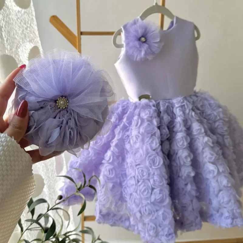 Vestidos personalizados con cuello redondo y diseño de flores sin mangas para niñas, Vestidos elegantes para fiesta de cumpleaños para niños, vestido de princesa plisado