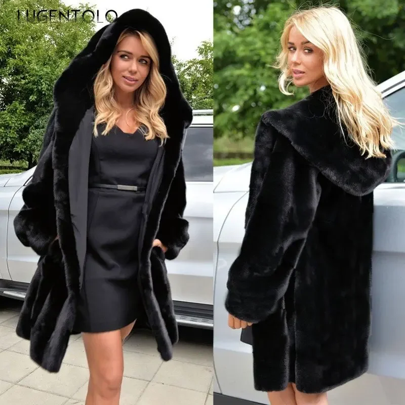 Women Fur Coat Black Winter Streetwear Fashion Large Size Loose Lady Elegant Hooded Thick Warm Fur Clothing