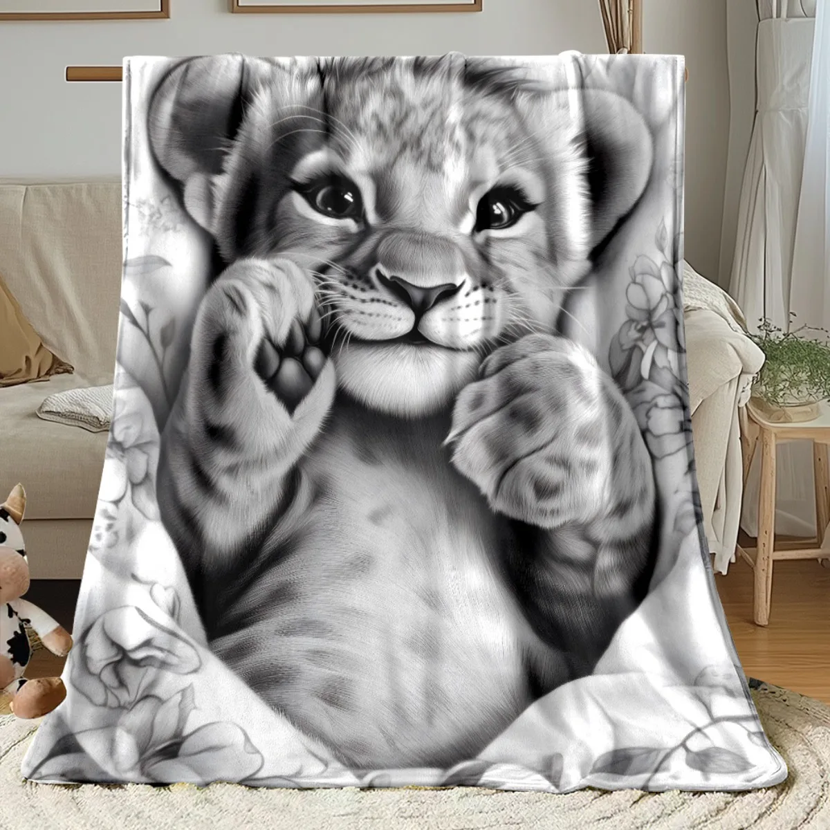 1pc Fluffy Throw Blanket, Sketch Baby Lion Print, Warm Blanket for Sofa Bedroom, Multifunctional Camping Blanket, Sweet Gift