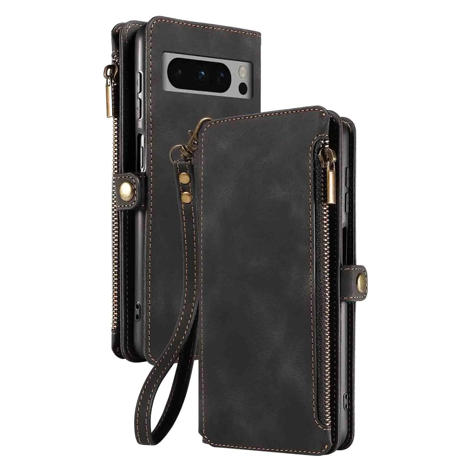 Leather Case for Google Pixel 9/9 Pro/9 Pro XL,Business Wallet Case RFID Blocking Magnetic Closure Full Protection Wrist Strap