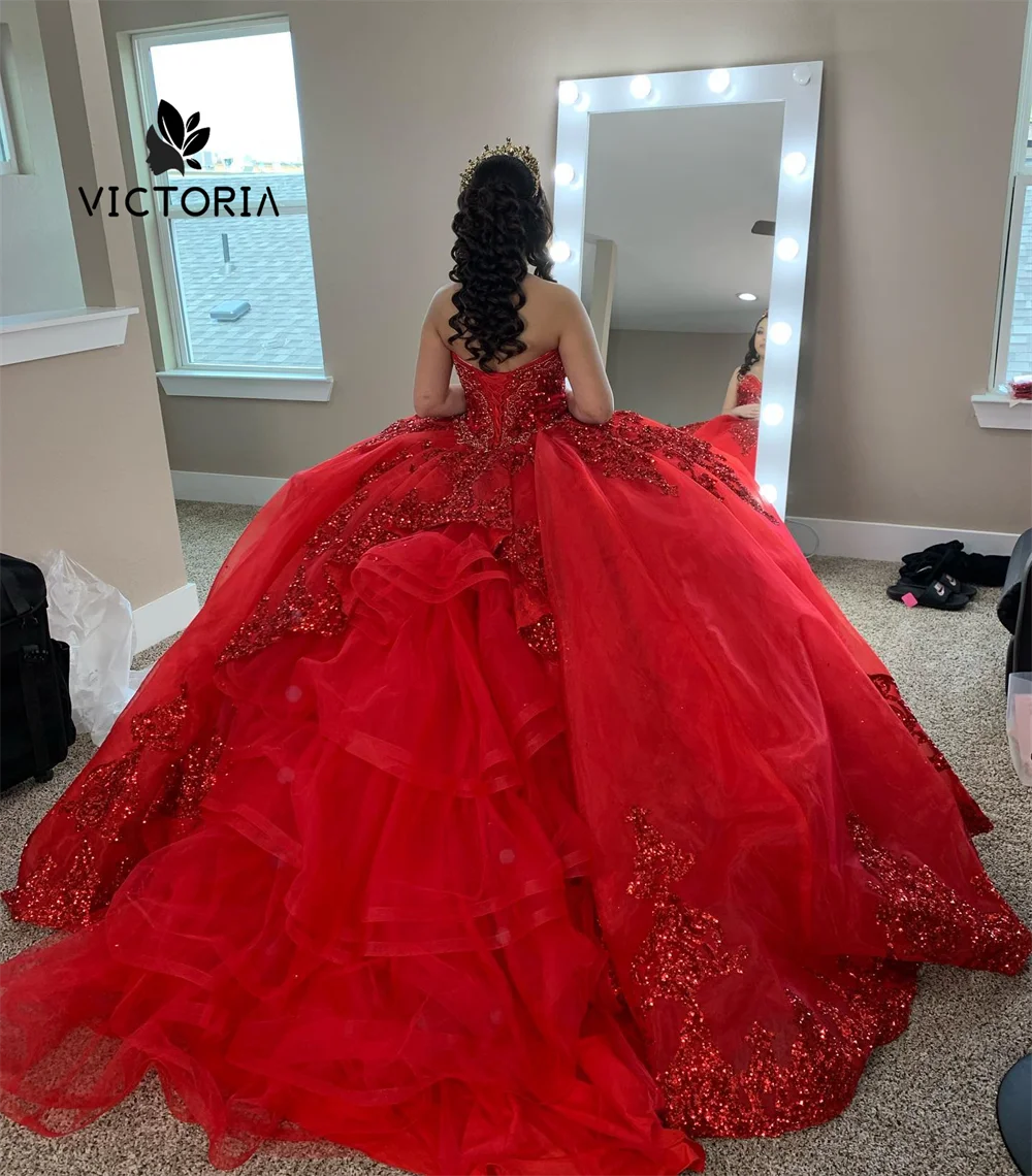 Princess Red Ruffles Sequined Appliques Ball Gown Quinceanera Dresses 2024 With Half Sleeves Mexican Sweet 15 16 Dress vestidos