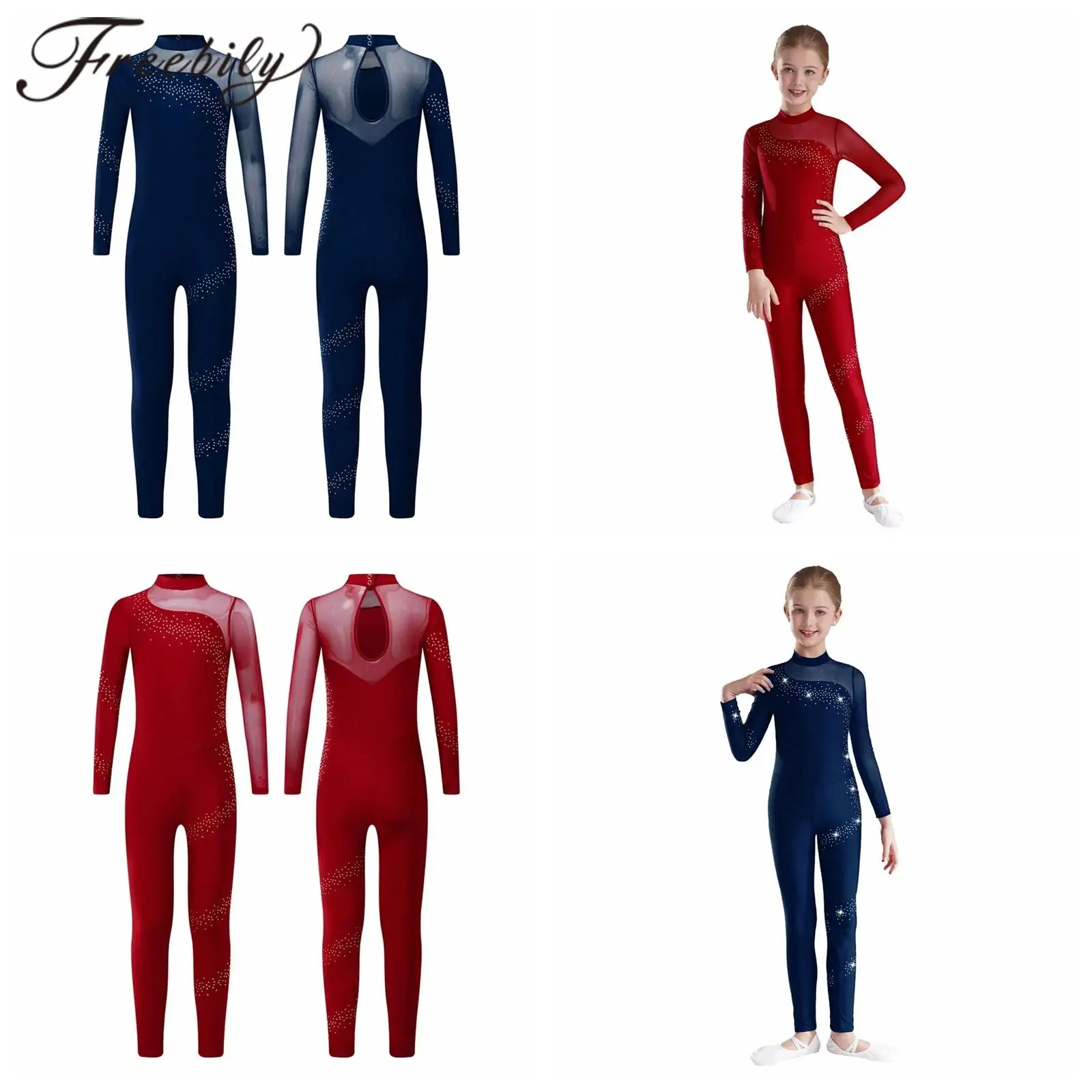

Kids Girls Gymnastics Leotards Teens Rhinestones Sheer Mesh Long Sleeve Gymnastics Jumpsuit Figure Skating Bodysuit Dance Wear