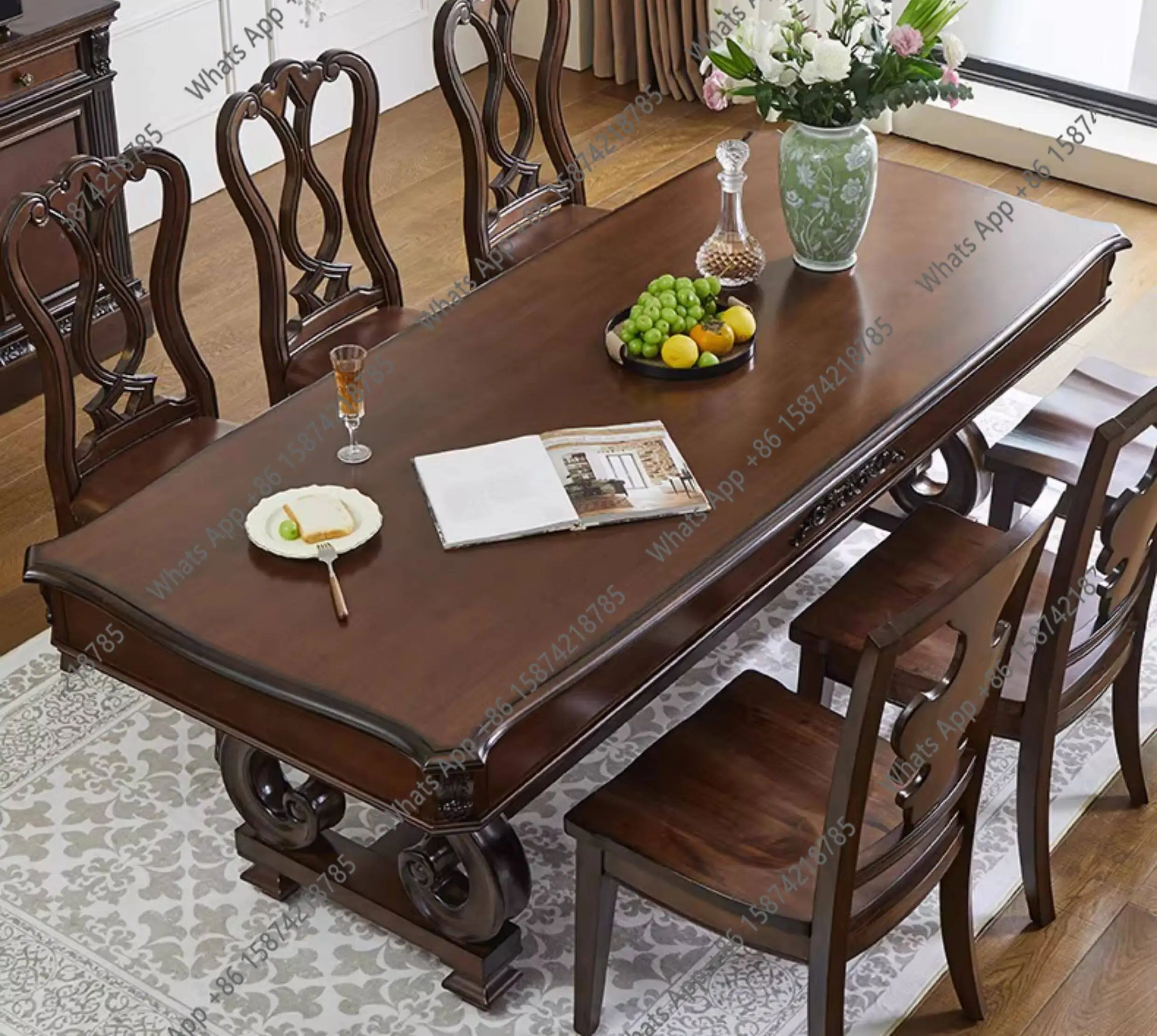 American pure solid wood dining table horizontal hall long table western dining table carved villa dining room furniture