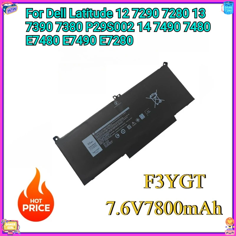New F3YGT 7480 60WH Laptop Battery for Dell Latitude 12 7290 7280 13 7390 7380 P29S002 14 7490 7480 E7480 E7490 E7280