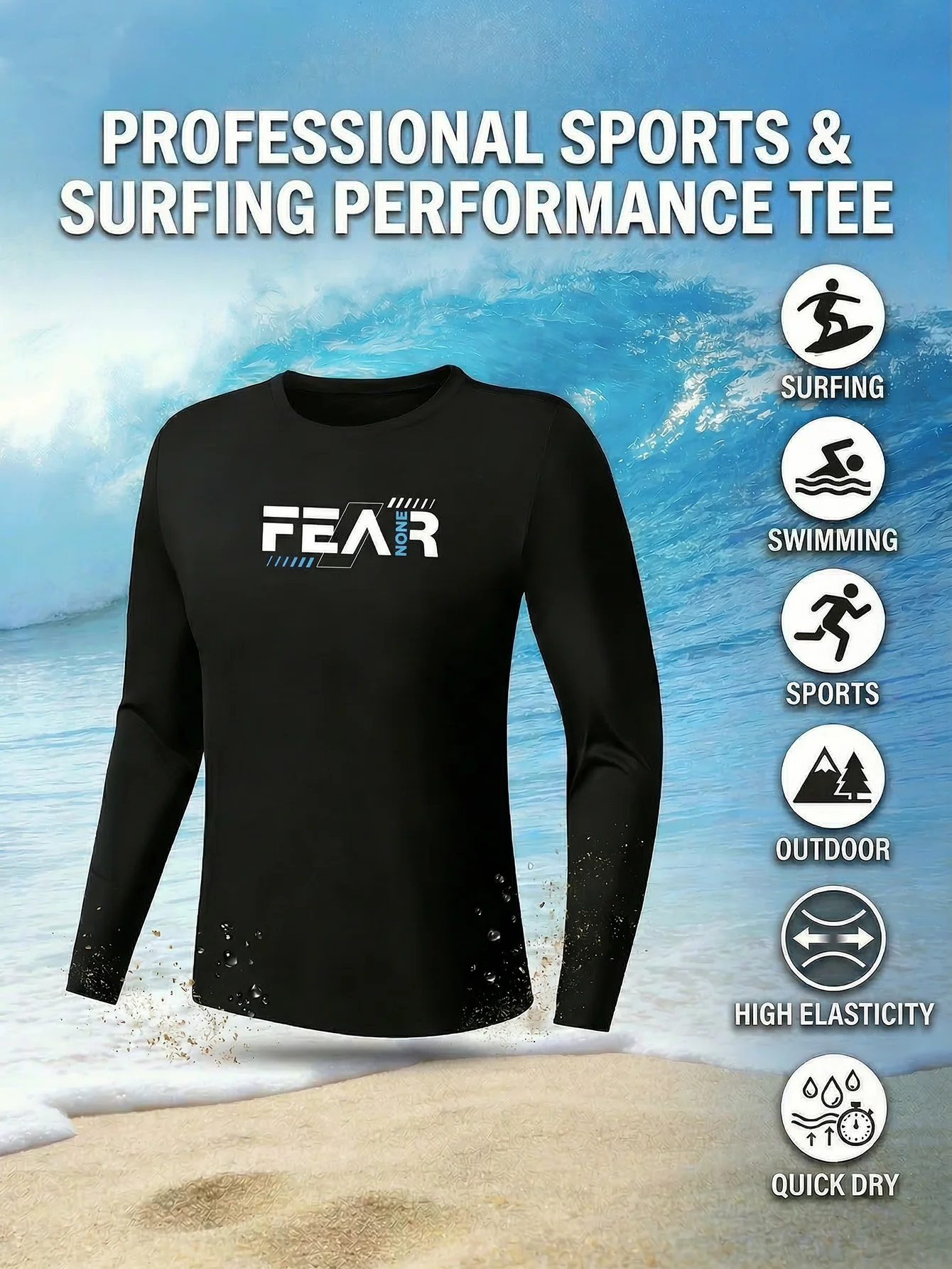 Men's long sleeved surfing suit with English pattern print, high elasticity and quick drying surfing top, essential for outdoor