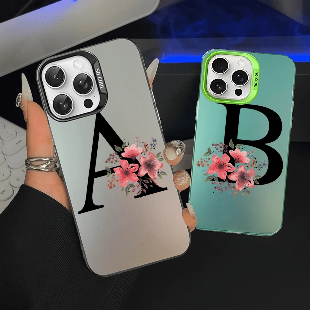 

Custom Pink Flower Black A To Z Initial Alphabet Phone Case For IPhone 16 15 Pro Max Case 14 Plus 13 12 11 Color Silver Case
