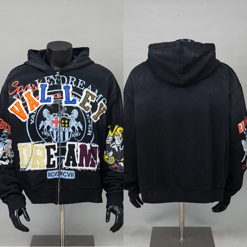 VALLEY Mens Casual Hooded Jacket Vintage Graphic Print Color Patch Letter Zip Up Sweatshirt