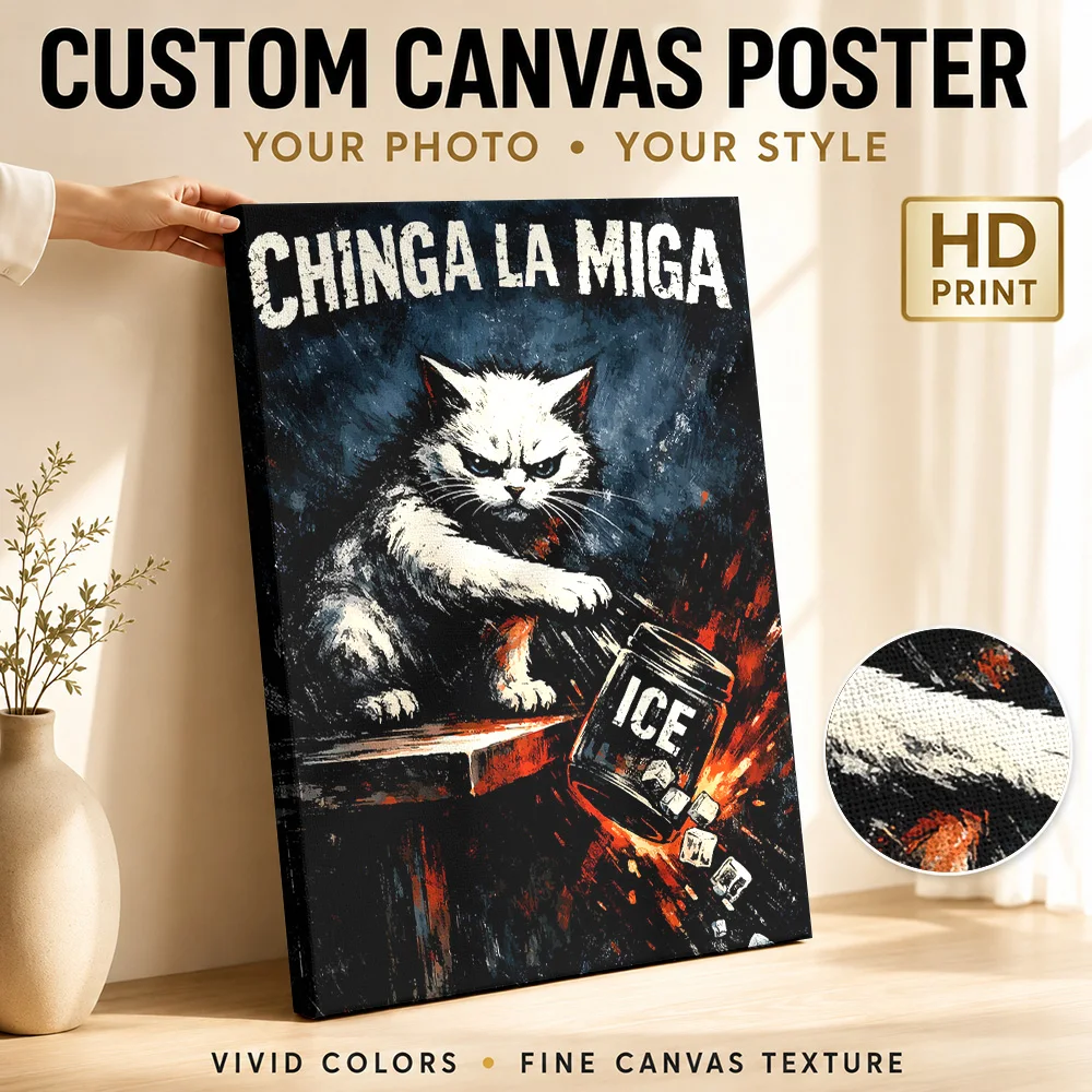 Angry Cat with Ice Jar Canvas Print Poster Customized Funny Animal Wall Art for Kids Room Decor Collectible Ready to Hang Gift