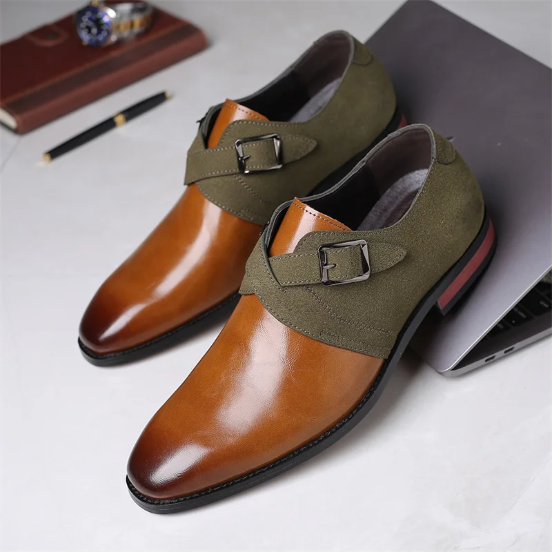

Fashion Splicing Buckle Leather Shoes Men Business Dress Shoes Man Party Shoes Comfort Pointed Men's Wedding Shoes Plus Size 48