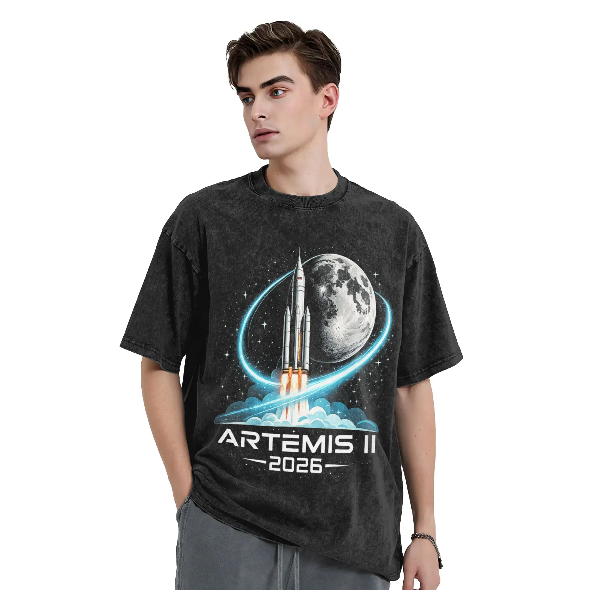 Washed T Shirt Artemis II Launch to The Moon 2026 Hip Hop Casual T-Shirt Oversize  Streetwear Graphic Printed Top Tees Men Women