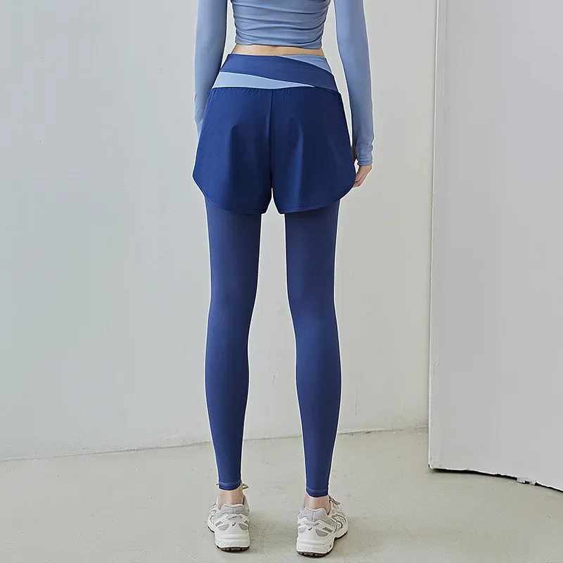 High Stretch Leggings Quick Dry Pants Sports Fitness Pants Women Fake Two Anti-slip Yoga Pants High Waisted Gauze Pocket