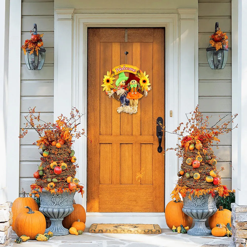 

2pcs Straw Scarecrow Wreath Colorful Fall Harvest Decorations Halloween Ornament Door Wall Party Home Restaurant Bar Accessory