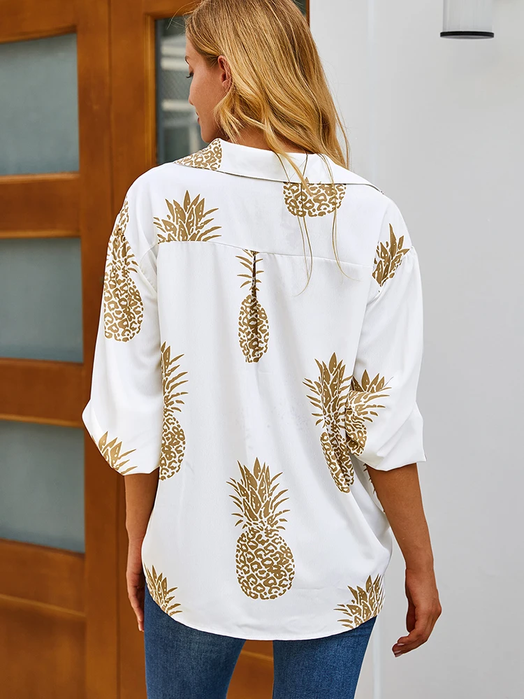 Autumn New Pineapple Print Long-Sleeved V-Neck White Button Blouse Korean Harajuku Fashion Ladies Popular Shirt