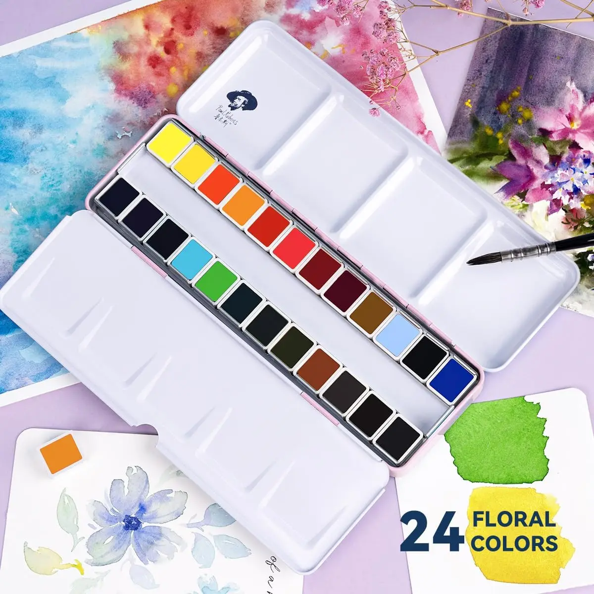 Paul Rubens Watercolor Paint Set Artist Grade, 24 Vivid Floral Colors with Portable Metal Box for Artists and Beginners