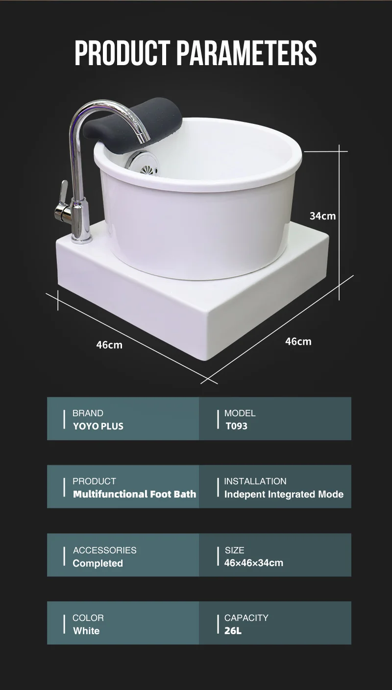 Pedicure Foot Spa Sink with Base Salon FootNail Wash Basin Round Bowl Acrylic FootBath Tub Padded Footrest