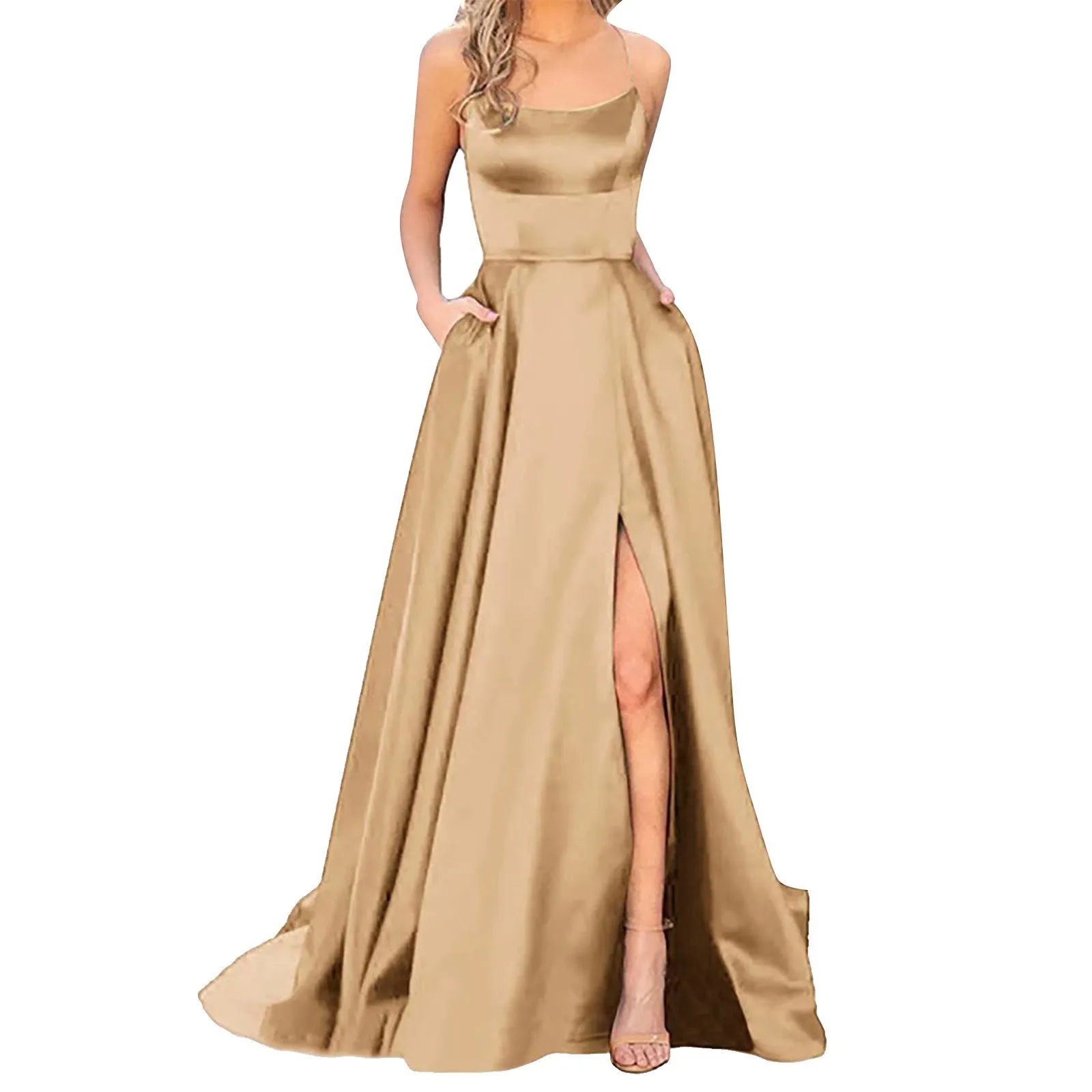 Satin Backless Elegant Prom Long Dress Party High Waist Spaghetti Strap Dresses Women Side Slit Evening Dress for Fat Stomach