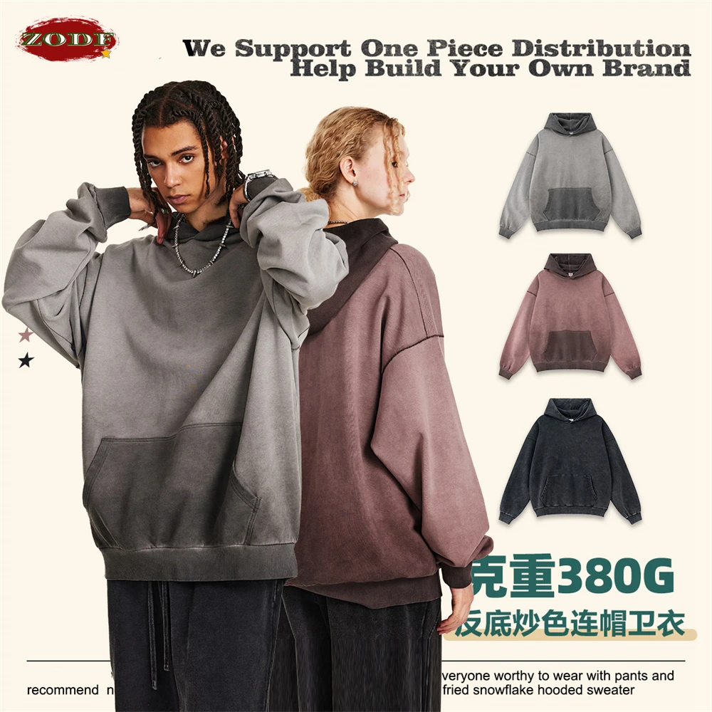 ZODF American Retro Washed Cotton Hoodie For Men Unisex Autumn High Street Oversized Knitted 380gsm Hooded Pullovers Coat HY0913