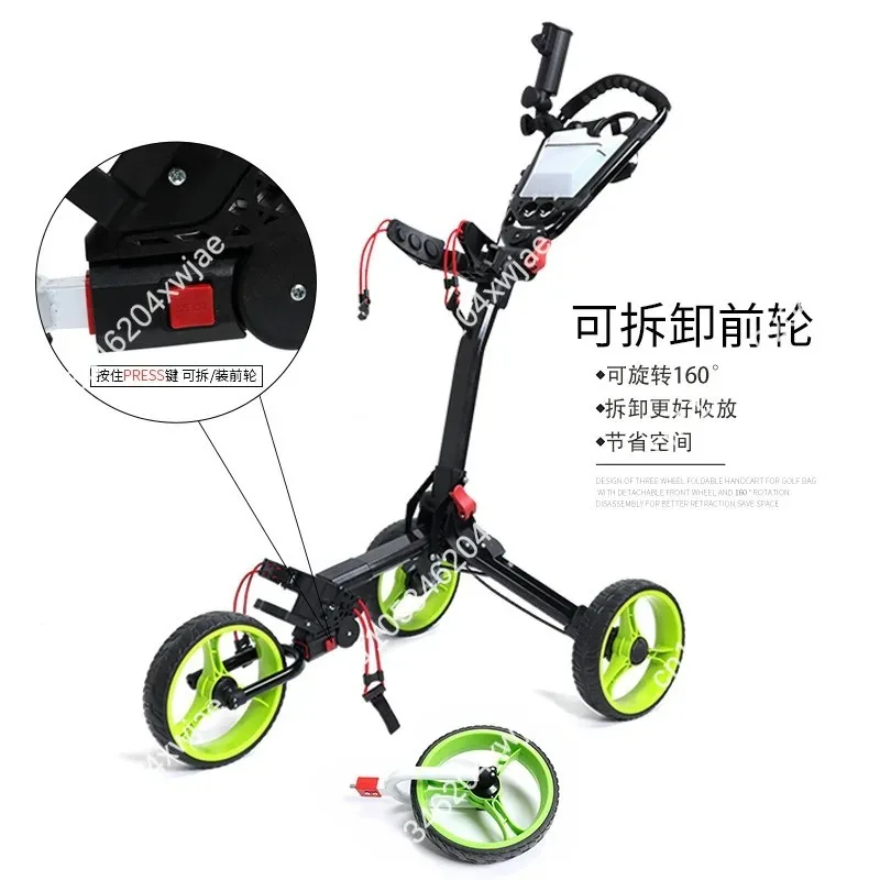 3 Wheel Golf Push Cart with Umbrella Holder, Phone Mount and Scorecard Storage Bag for Golf Bag Trolley