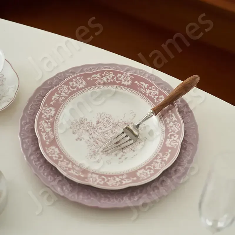 

Ceramic Plate Relief Purple Dinner Plates Overglaze Palace Style Dinner Plates Steak Pasta Dishes Tableware Household Use Dishes