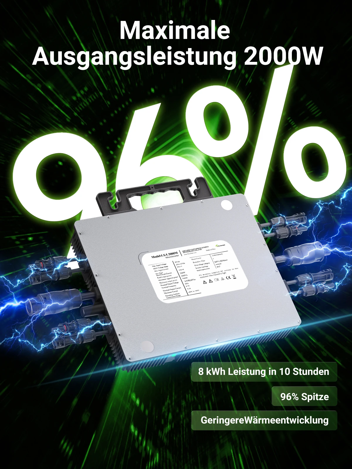 LIONSHEE 2000W Mesh-Mikrowechselrichter für integriertes Balkonkraftwerk, hocheffizienter MPPT PV Wechselrichter mit 99,5 % Umwandlungsgrad, IP67 wasserdicht, intelligente Überwachung per WiFi App